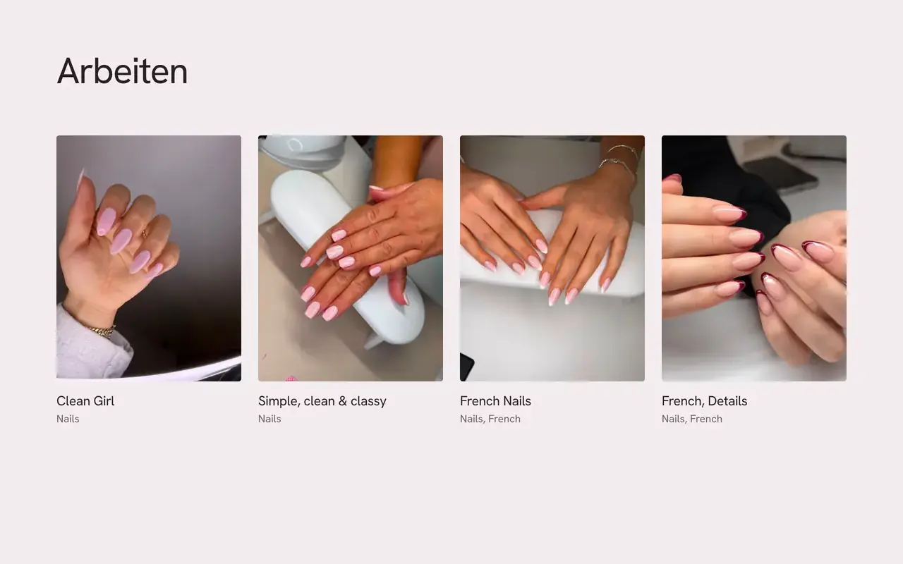 Ausschnitt aus einem Entwurf für ein Nagelstudio: vier Fotos von Nägeln in Rosa und French, darunter je ein kurzer Titel