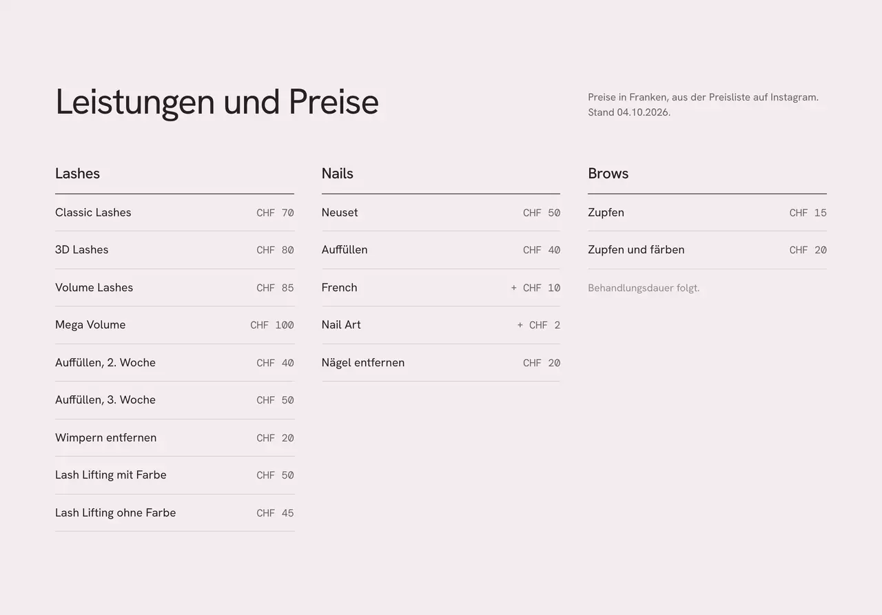 Ausschnitt aus einem Entwurf für ein Nagelstudio: Preisliste in drei Spalten für Lashes, Nails und Brows, jede Zeile mit Leistung und Preis in Franken