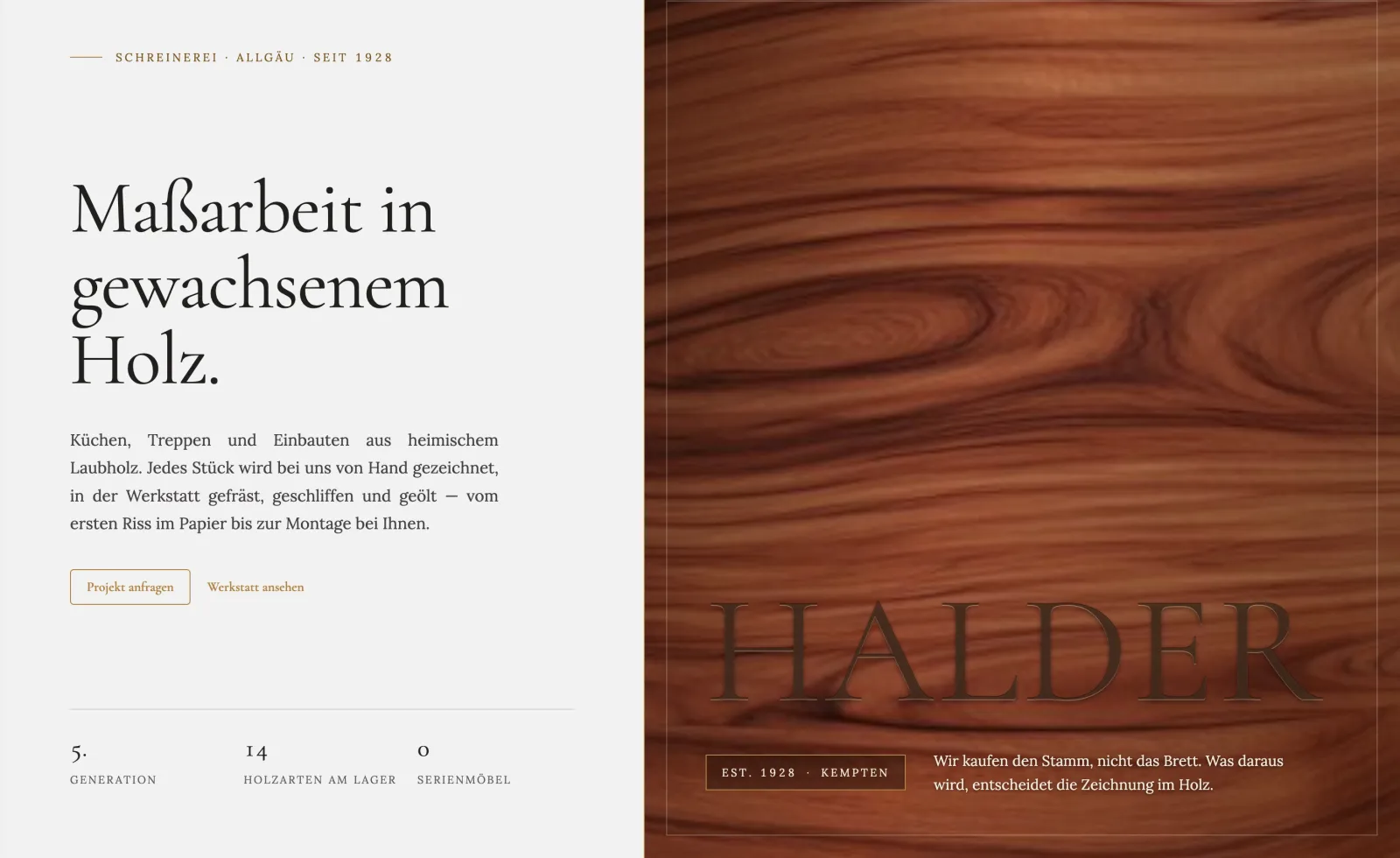Konzeptstudie Halder: Startseite einer Schreinerei mit Holzmaserung